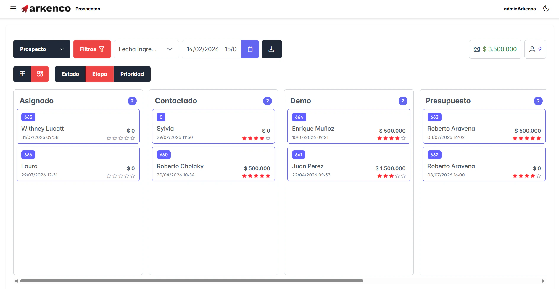 Vista del CRM Arkenco para gestionar prospectos y oportunidades